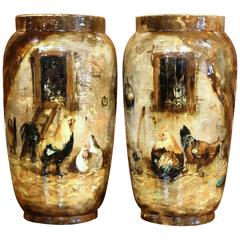 Antique Pair of 19th Century French Hand-Painted Vases with Chicken from Fontainebleau