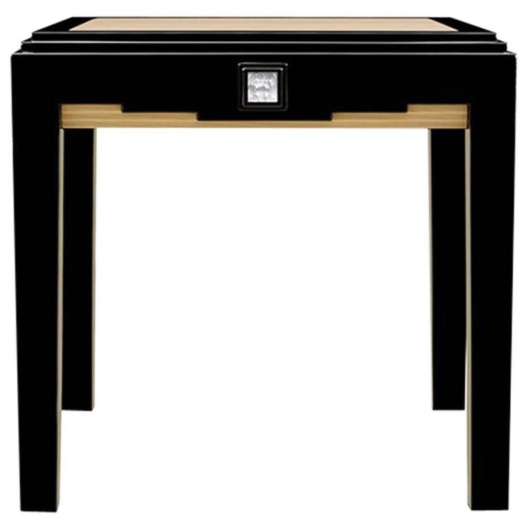 Lalique Black Lacquer and Ivory Ash Side Table with Crystal Panel Accent For Sale