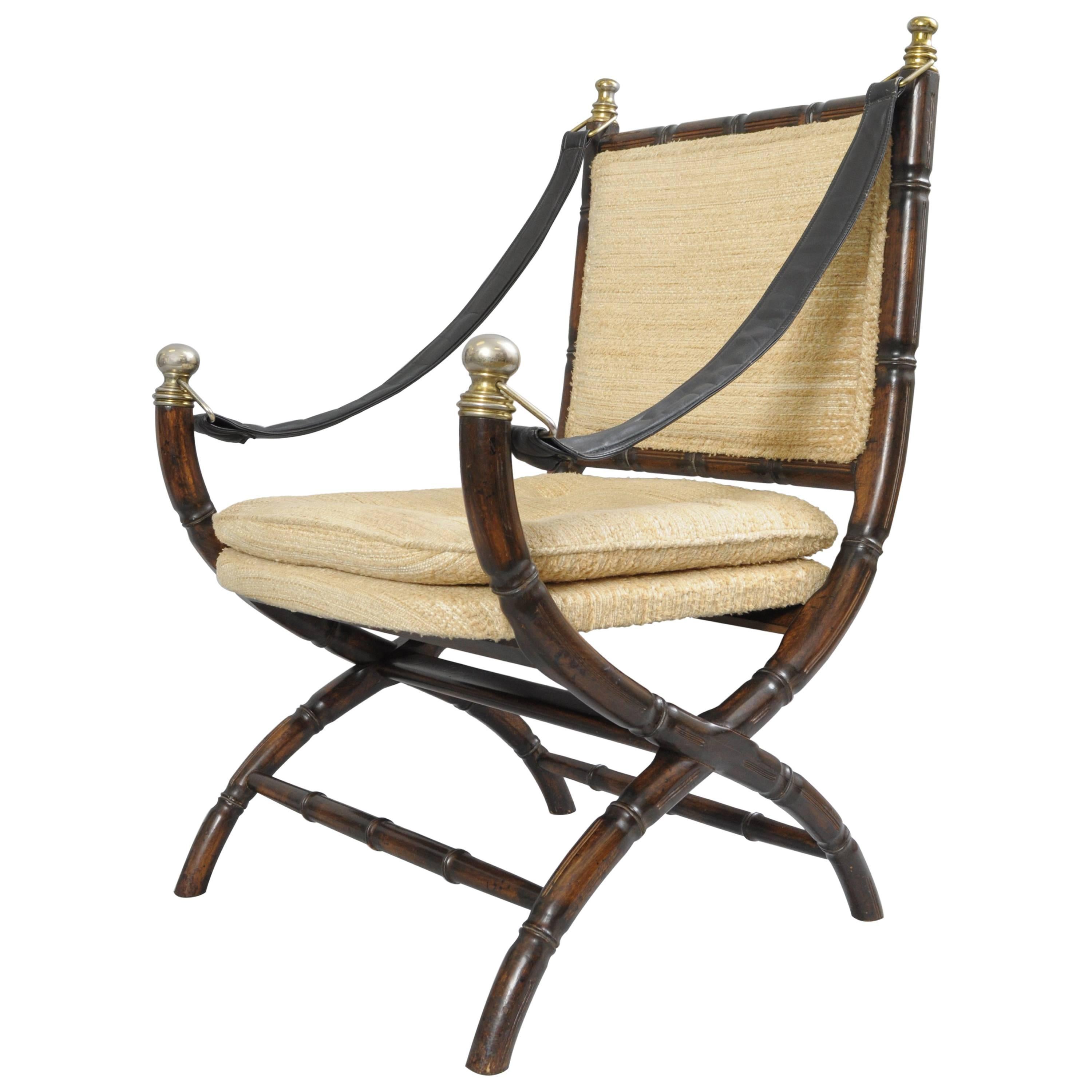 Drexel Campaign Style Faux Bamboo Chair Safari Sling Arm Hollywood Regency
