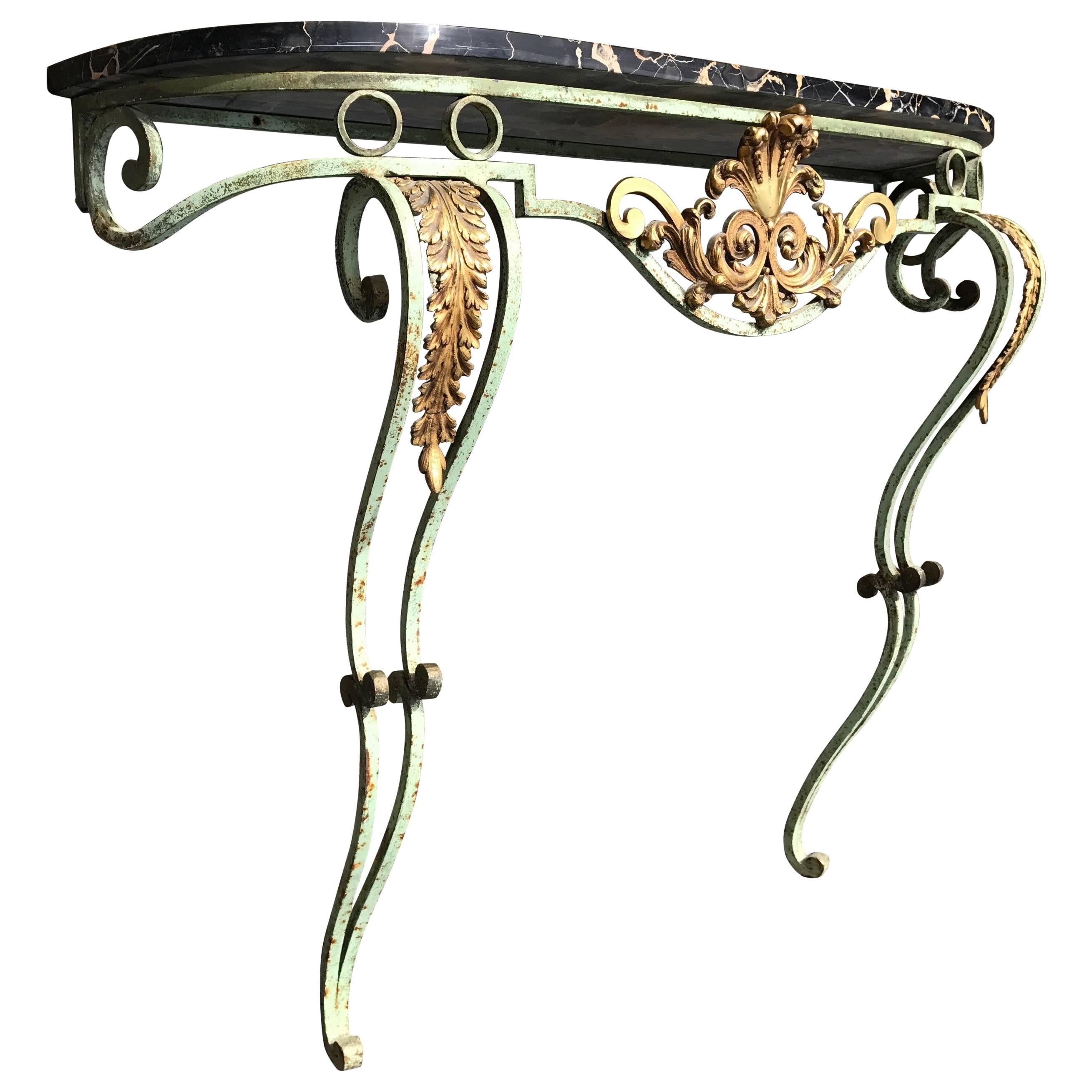 1920s French Marble Top Wrought Iron Console Table with Gilt Bronze Ornaments