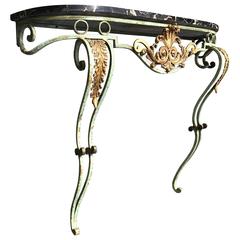 1920s French Marble Top Wrought Iron Console Table with Gilt Bronze Ornaments