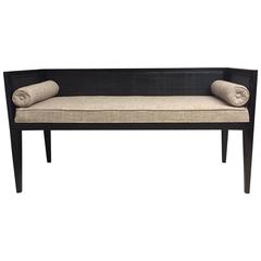 Ebonized and Caned Bench with Linen Cushion