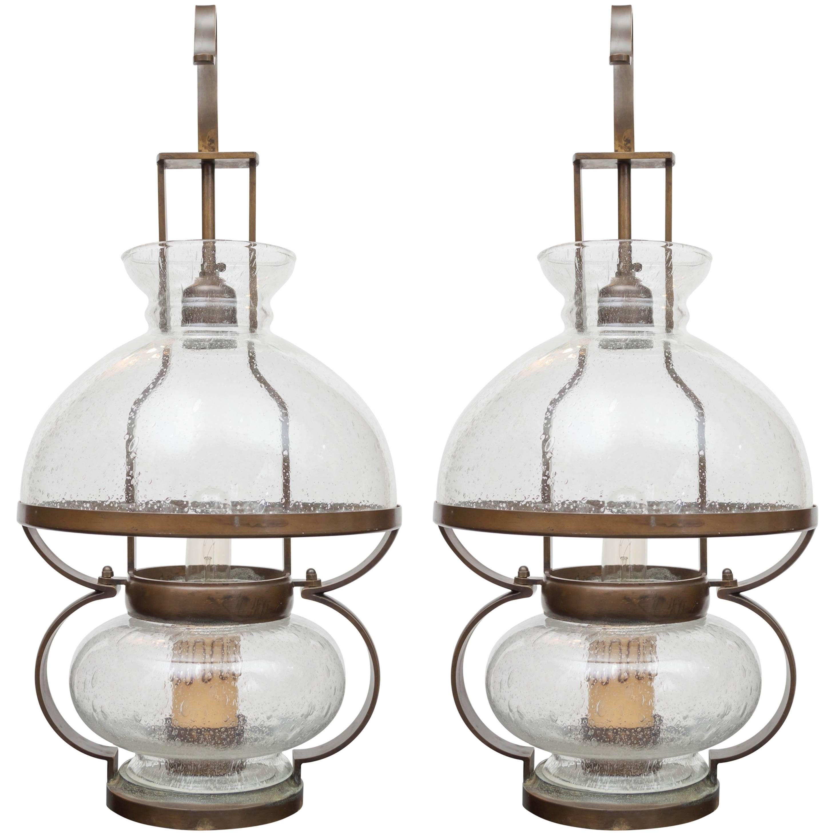 Pair of Custom Bronze and Blown Glass Italian Lanterns, circa 1960