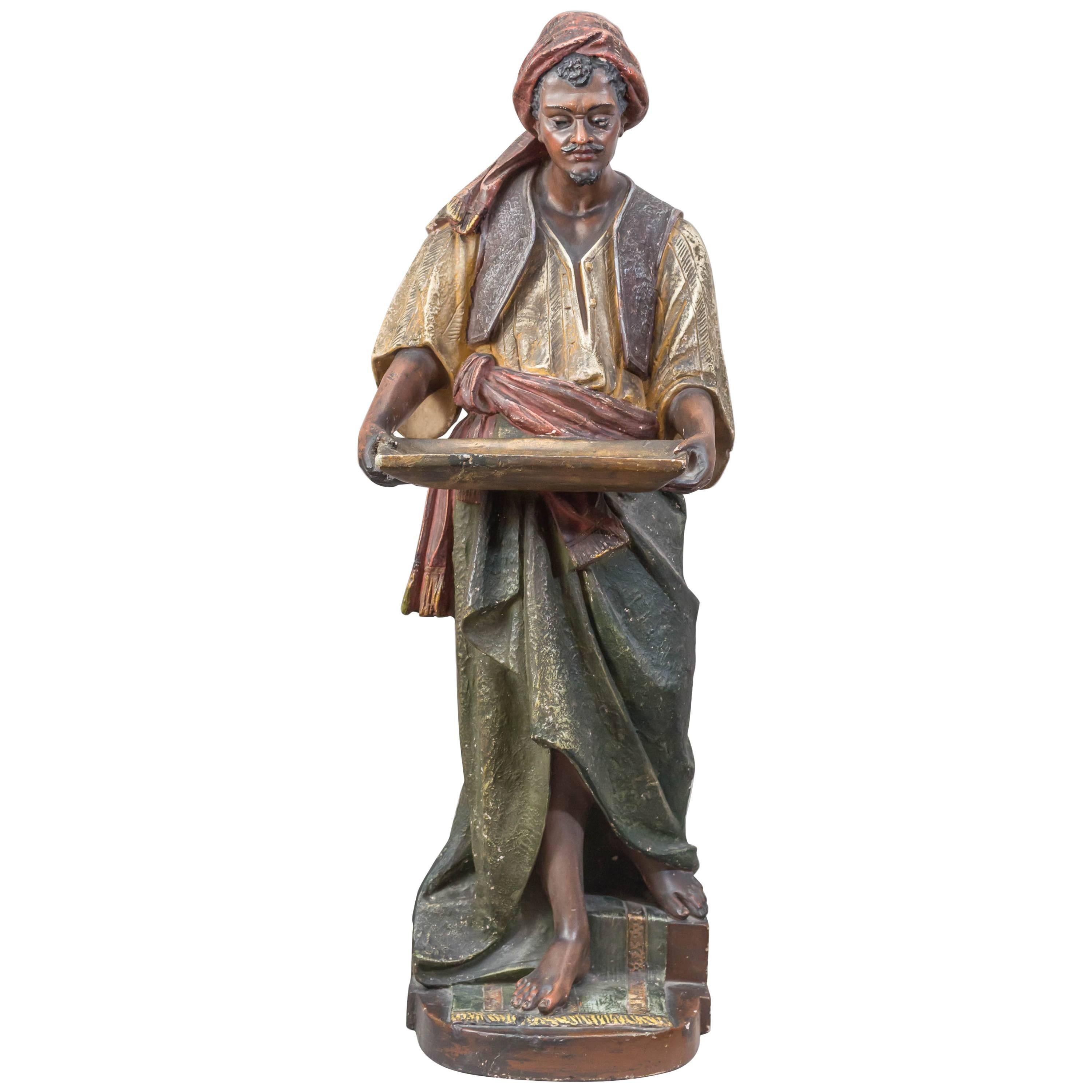 Large Plaster Sculpture of an Arab Merchant Holding a Tray