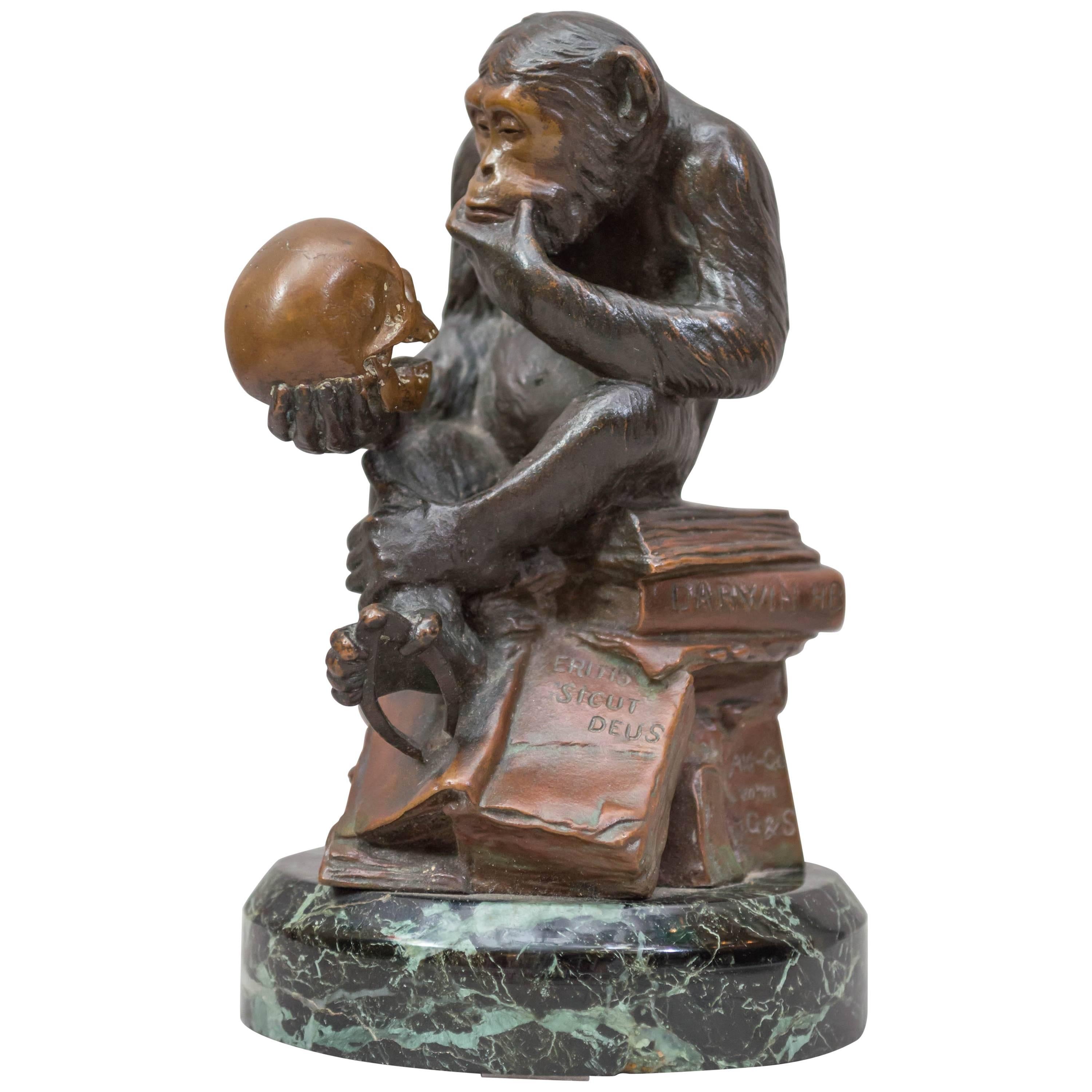 Whimsical Bronze Figure of a Monkey Studying a Skull, Darwinian Reference