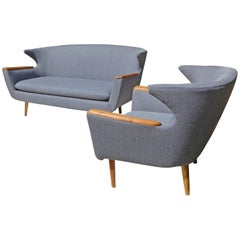 Scandinavian Wingback Two-Seat Sofa and Chair Set, Mid-Century Modern