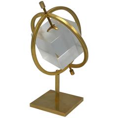 1960s Lucite Cube Brass Armillary Sculpture