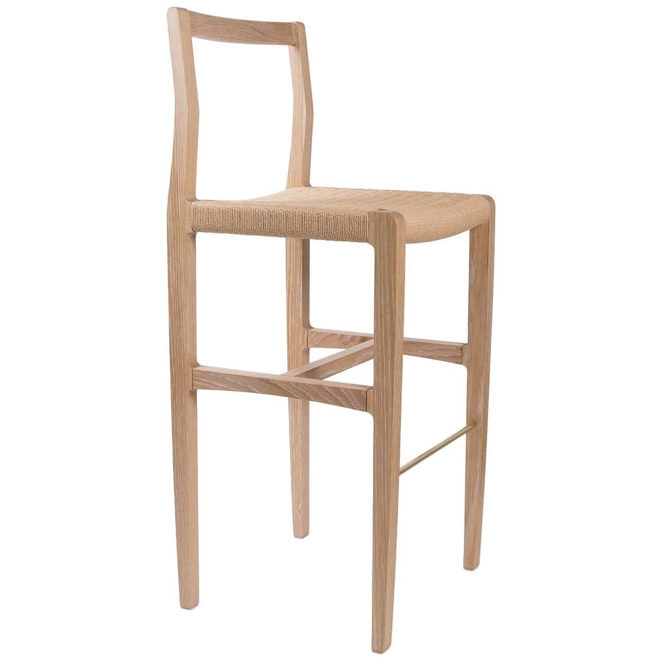 Giacomo Bar Chair or Barstool in Cerused White Oak, Danish Cord, Brass Footrest For Sale