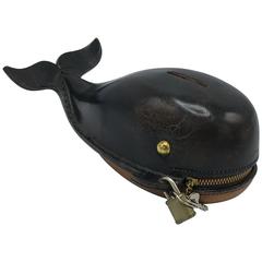 1960s Leather Whale Piggy Bank Sculpture with Lock and Key