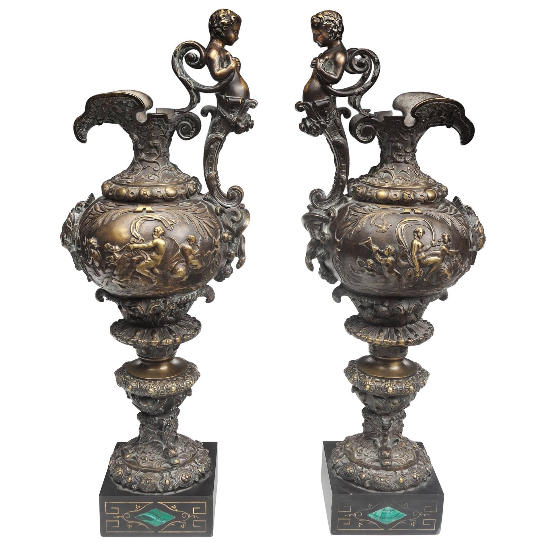 Large 19th Century French Patined Bronze Ewers