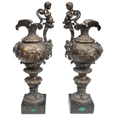 Large 19th Century French Patined Bronze Ewers