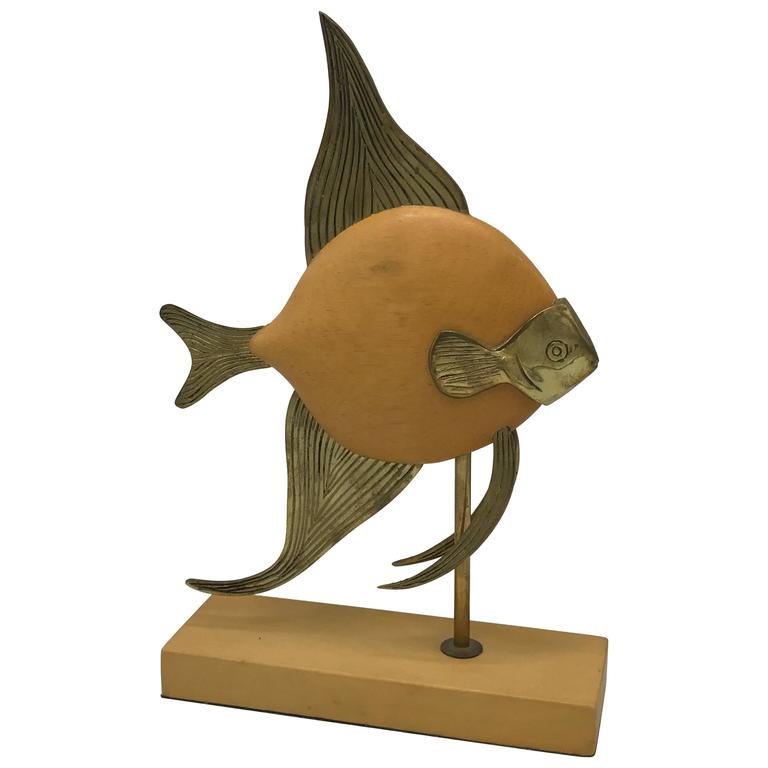 1970s Sarreid Style Brass and Wood Mounted Fish Sculpture For Sale at