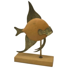 1970s Sarreid Style Brass and Wood Mounted Fish Sculpture