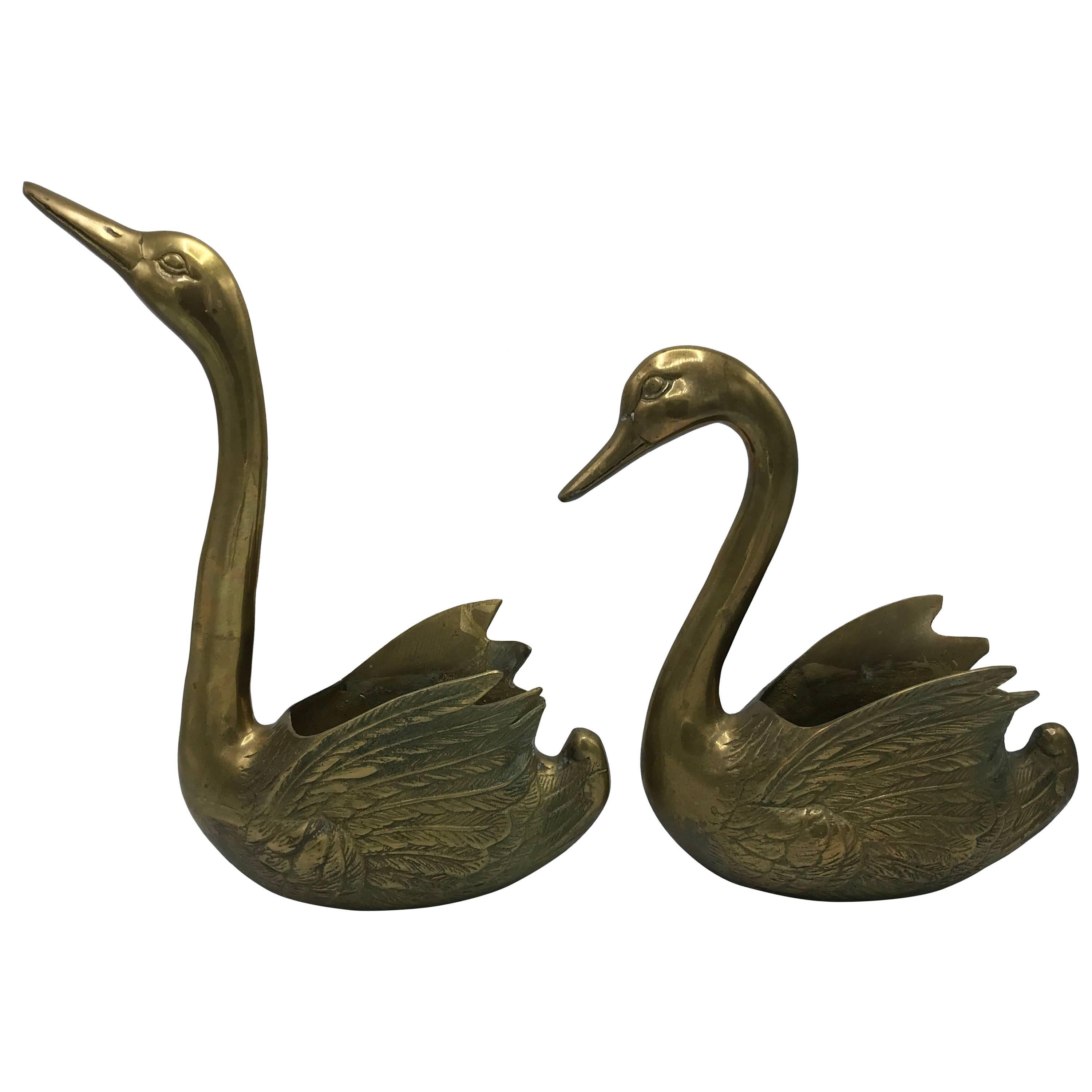 1960s Brass Swan Cache Pots Planter Sculptures, Pair