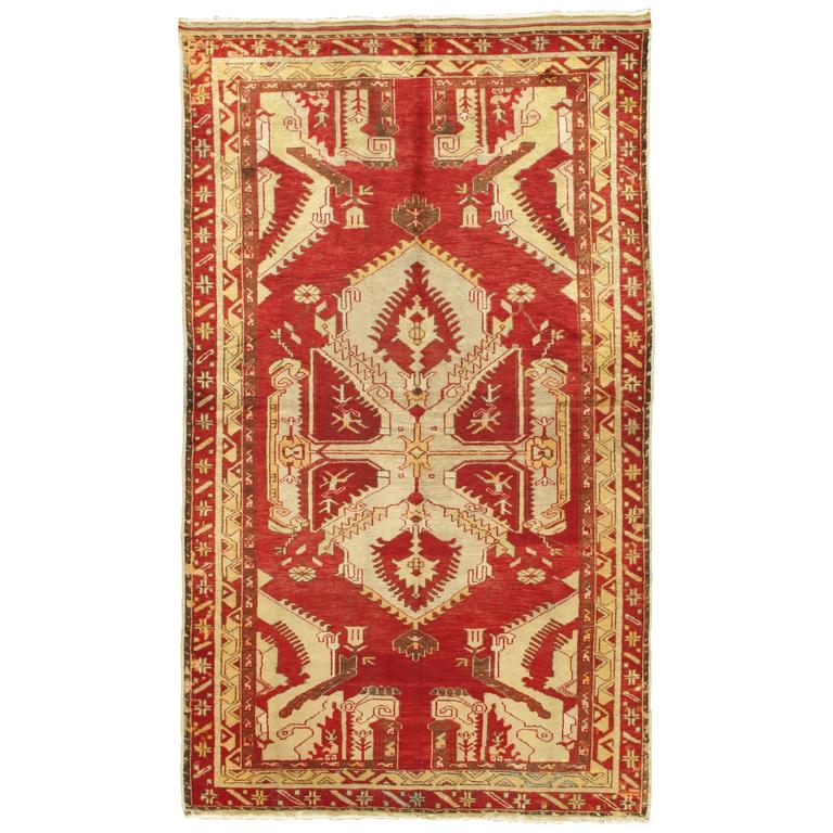 Antique Oushak Rug, Turkish Handmade Oriental Rug, Red, Beige, Bold
