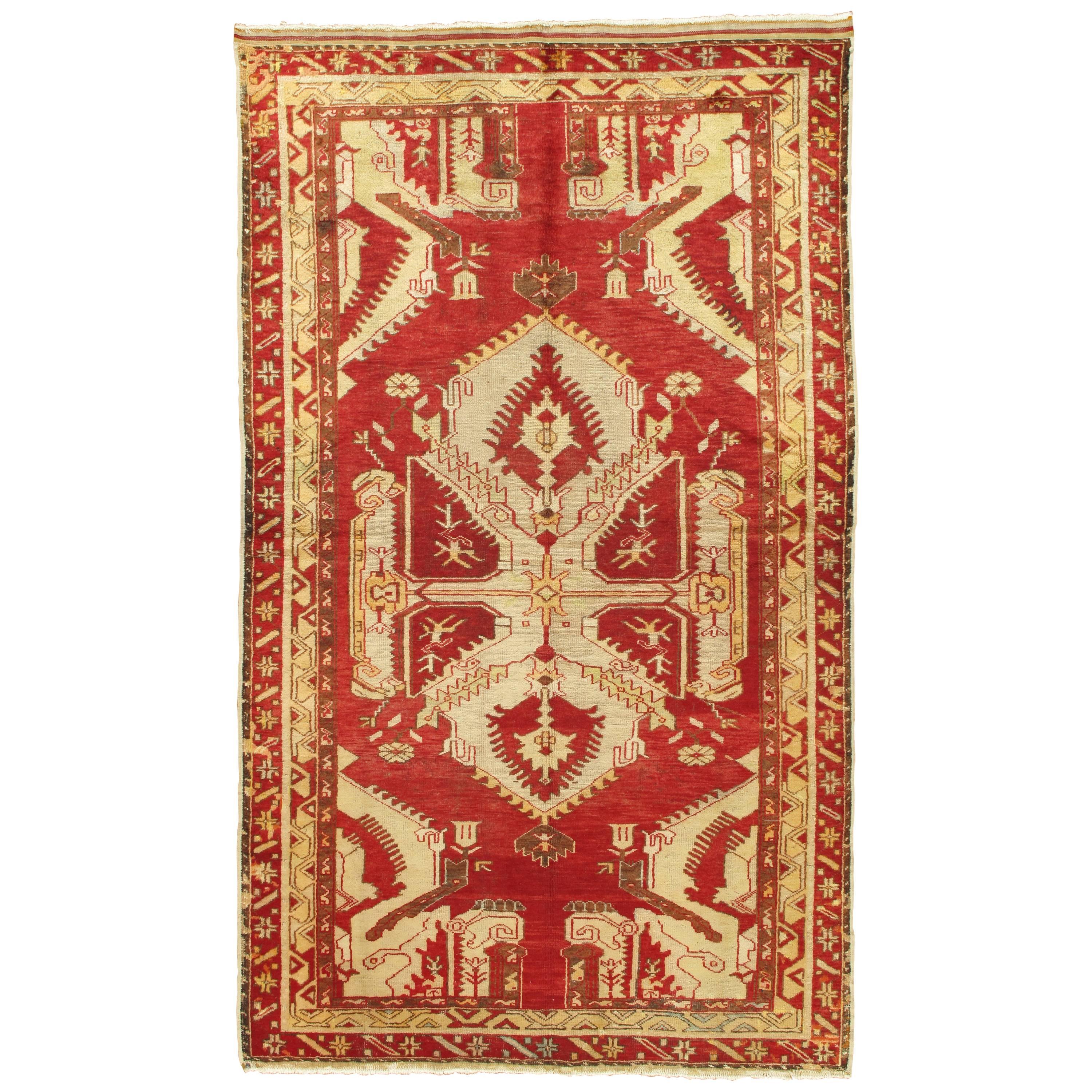 Antiker Oushak-Teppich, türkischer handgefertigter orientalischer Teppich, rot, beige, kühnes Design 5x8