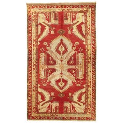 Antique Oushak Rug, Turkish Handmade Oriental Rug, Red, Beige, Bold Design 5x8