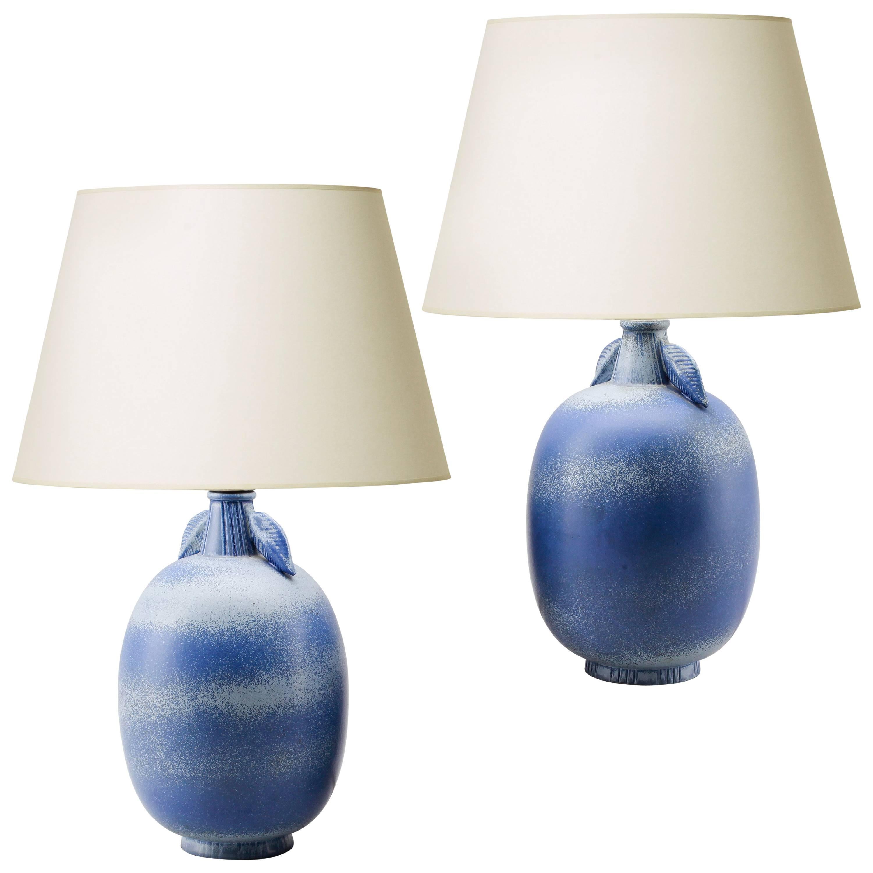 Pair of Table Lamps in Airy French Blues by Gunnar Nylund