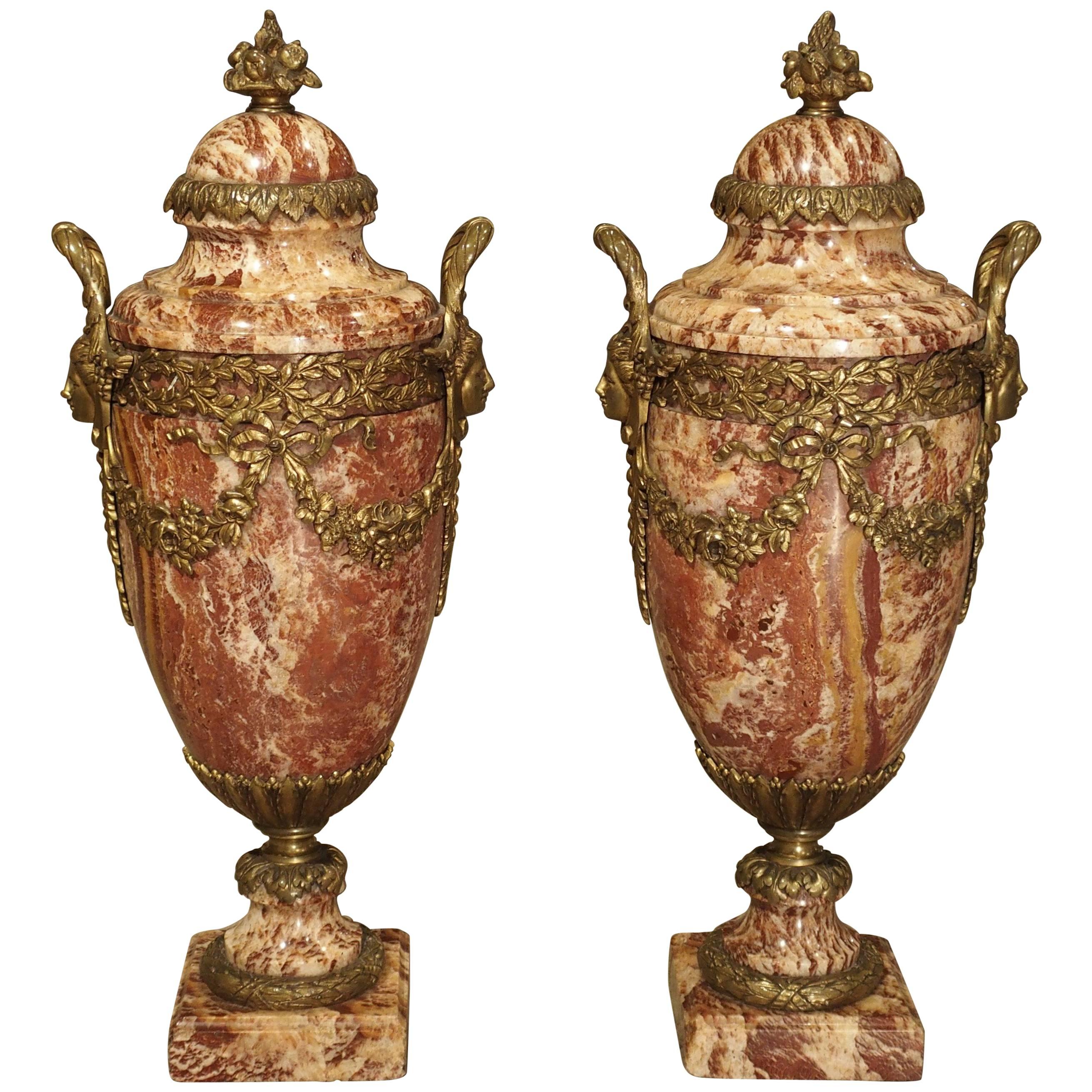 Pair of Gilt Bronze and Marble Cassolettes from France, circa 1880