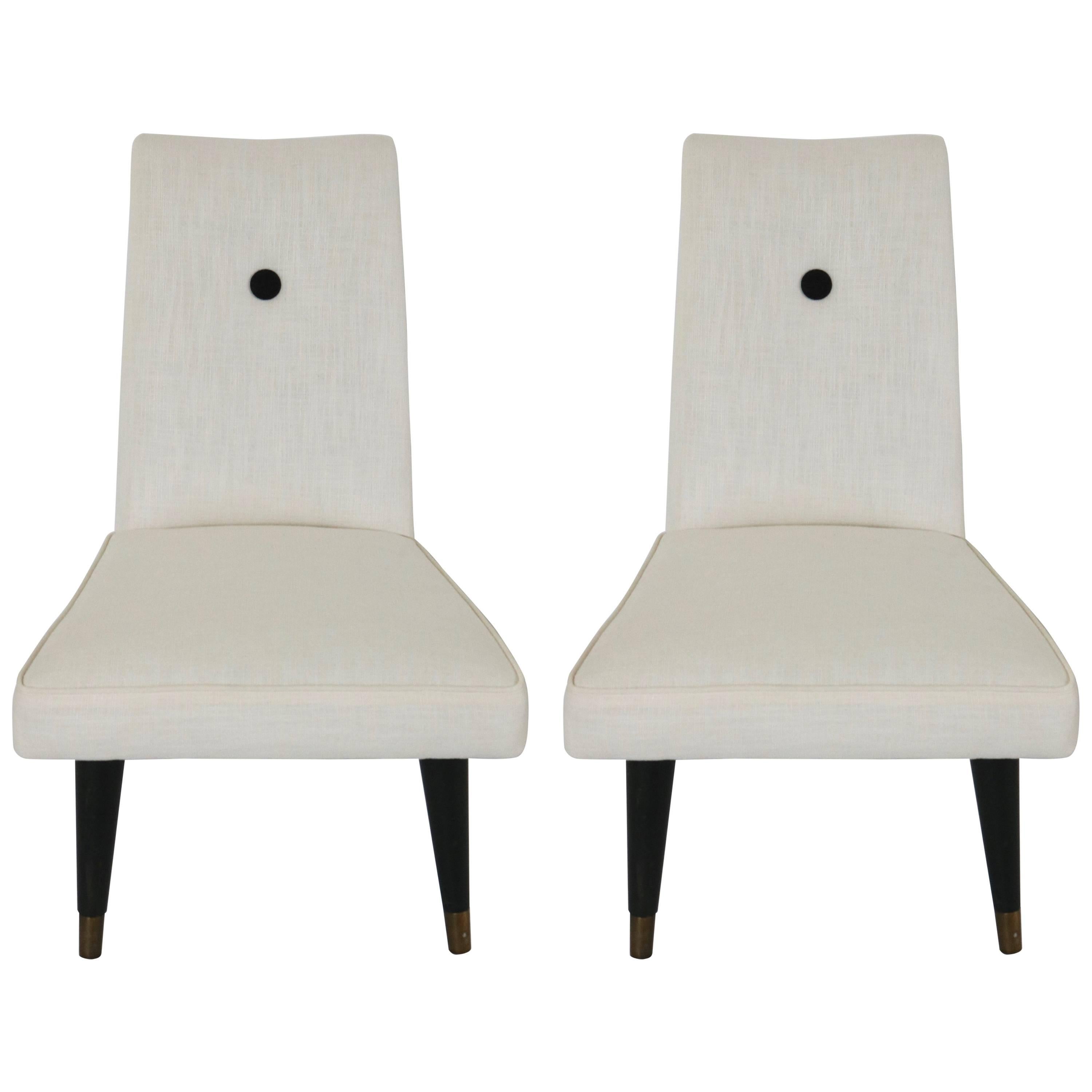 Pair of Mid-Century Modern Slipper Chairs in White and Black Upholstery