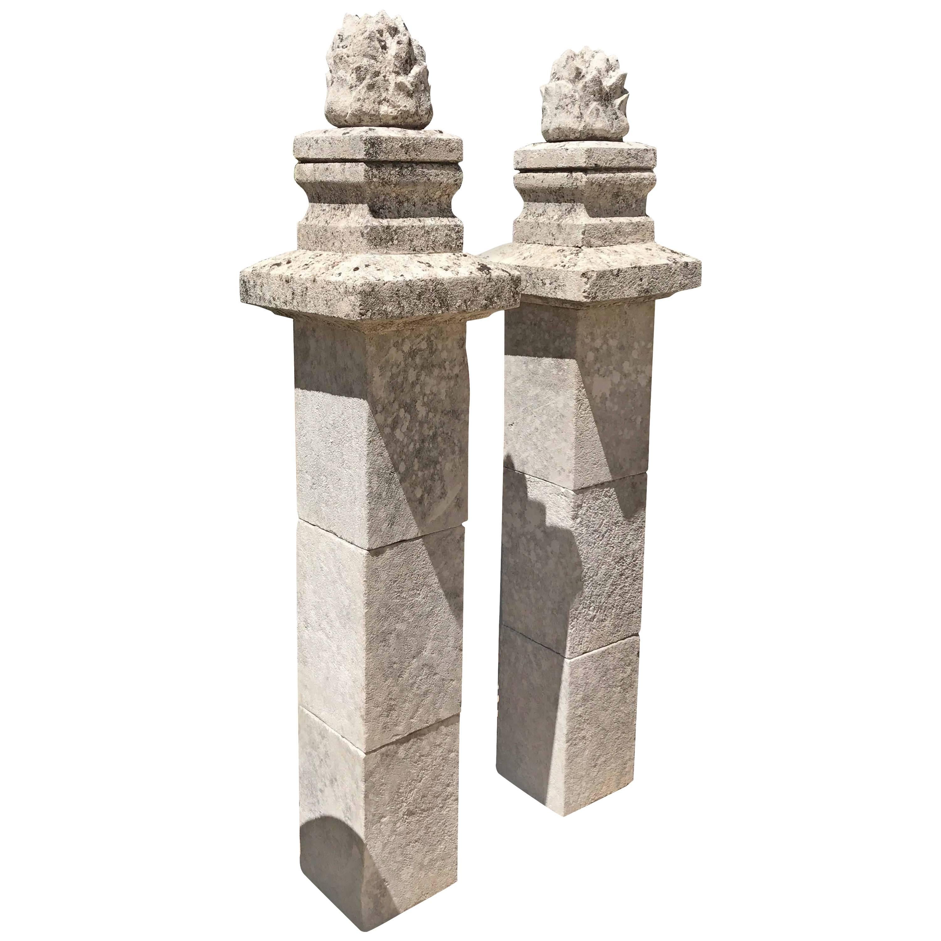 17th Century Antique Limestone Columns with Flame