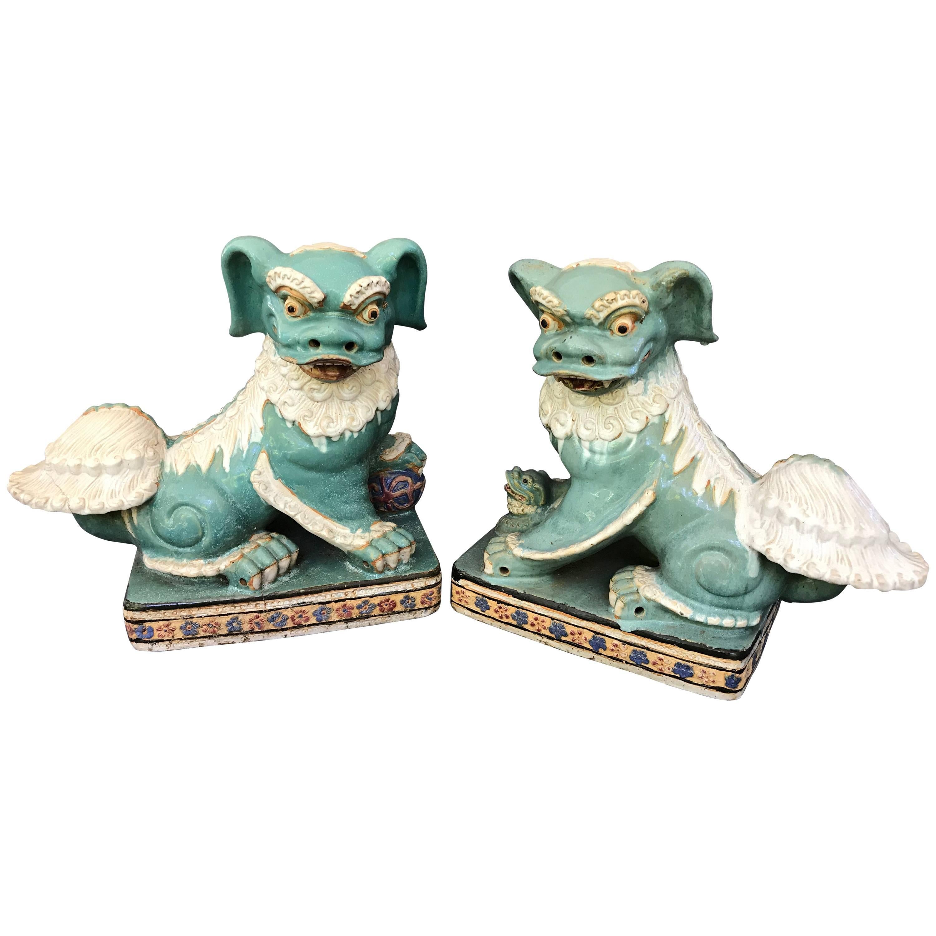 1970s Large Terracotta Turquoise and White Foo Dog Sculpture Statues, Pair
