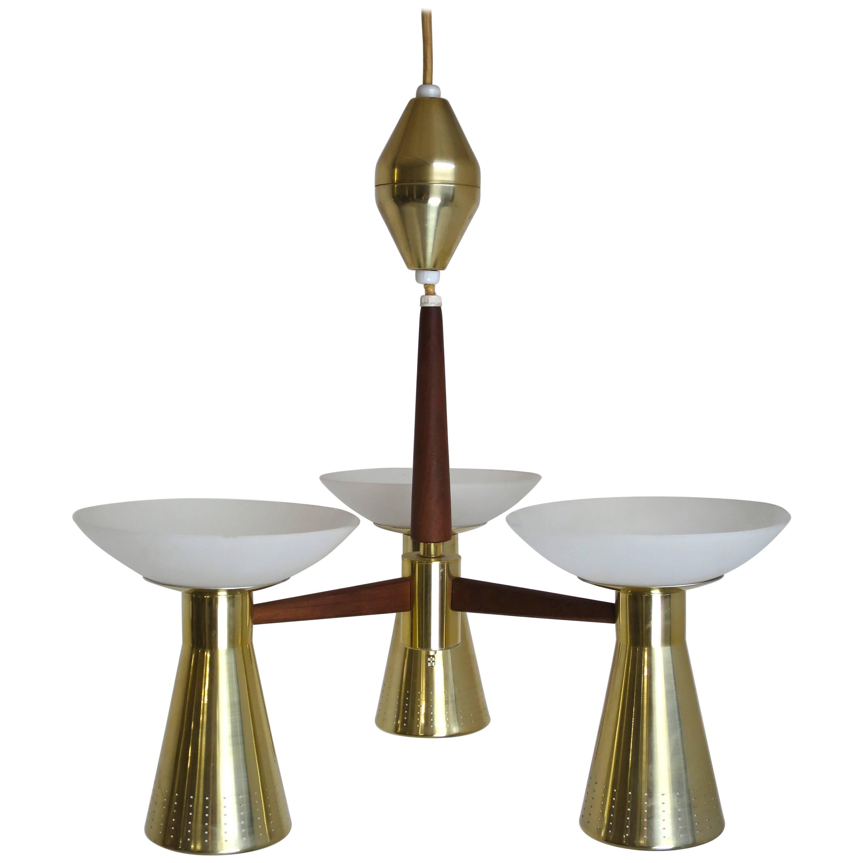 Modernist Perforated Brass and Walnut Chandelier, circa 1960s For Sale