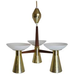 Modernist Perforated Brass and Walnut Chandelier, circa 1960s