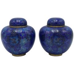 Vintage 1960s Blue Cloisonńe Ginger Jars, Pair