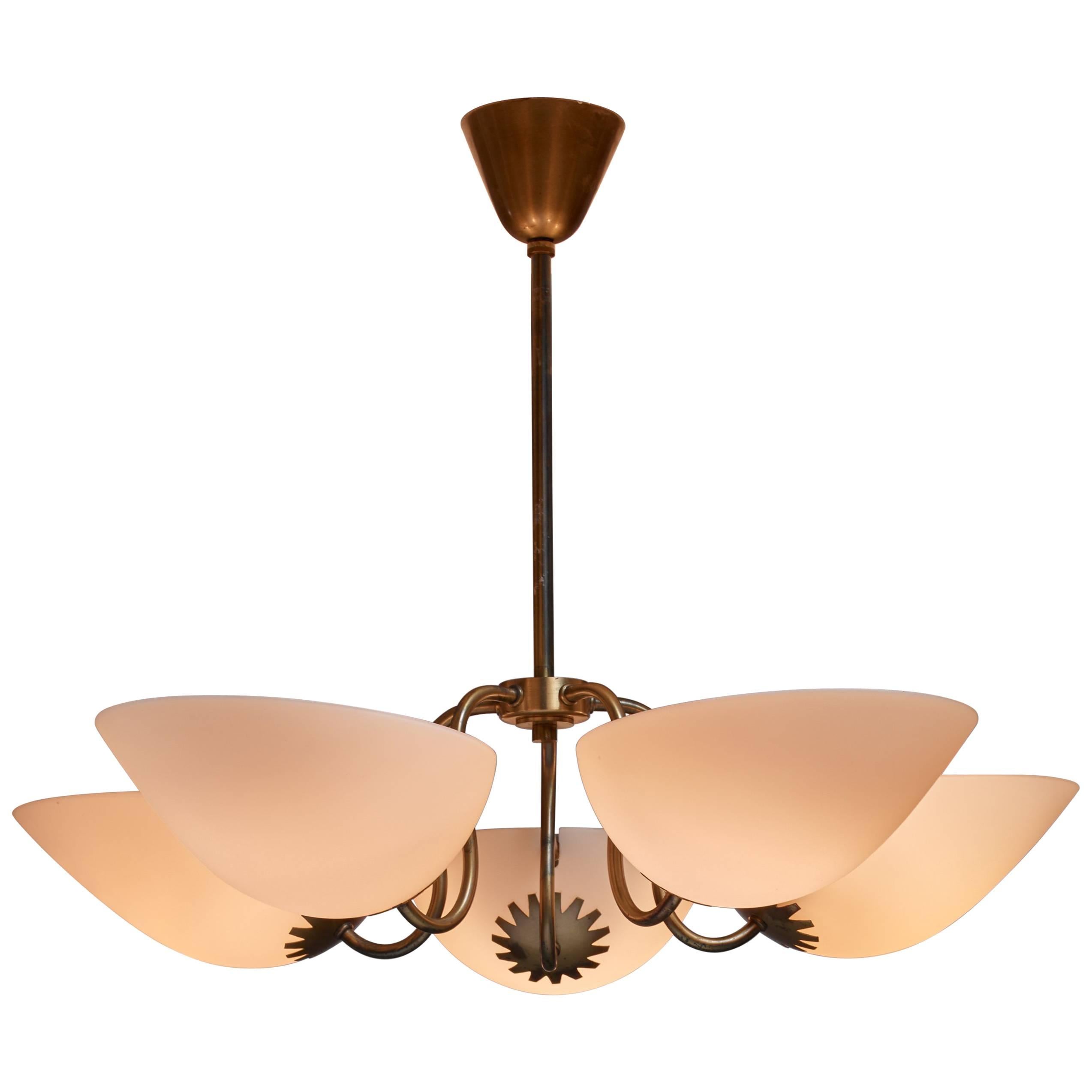 Swedish Brass Chandelier with Five Opaline Glass Shades, 1940s