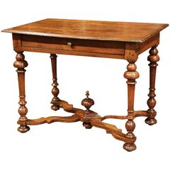 Late 18th Century French Walnut Side Table with Turned Legs and Stretcher