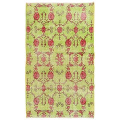 Floral Mid-Century Turkish Deco Rug in Lime Green and Rose Color