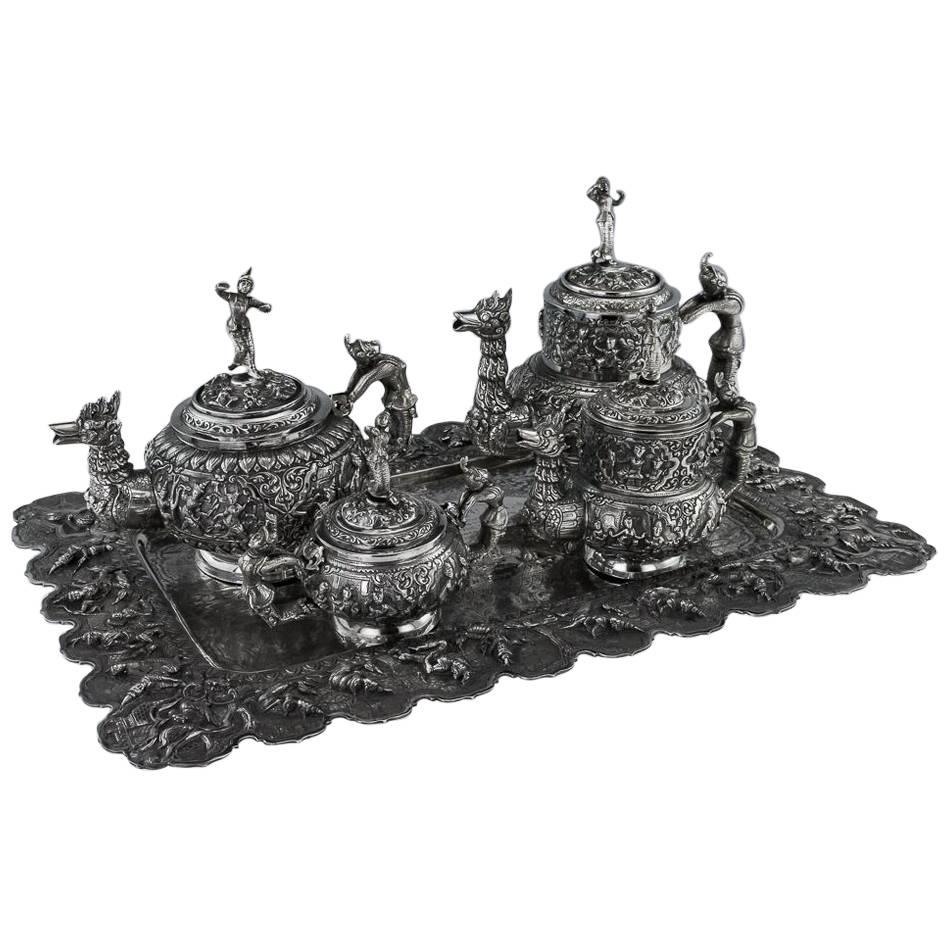 Antique Burmese Solid Silver Sculptural Tea & Coffee Set on Tray, circa 1903
