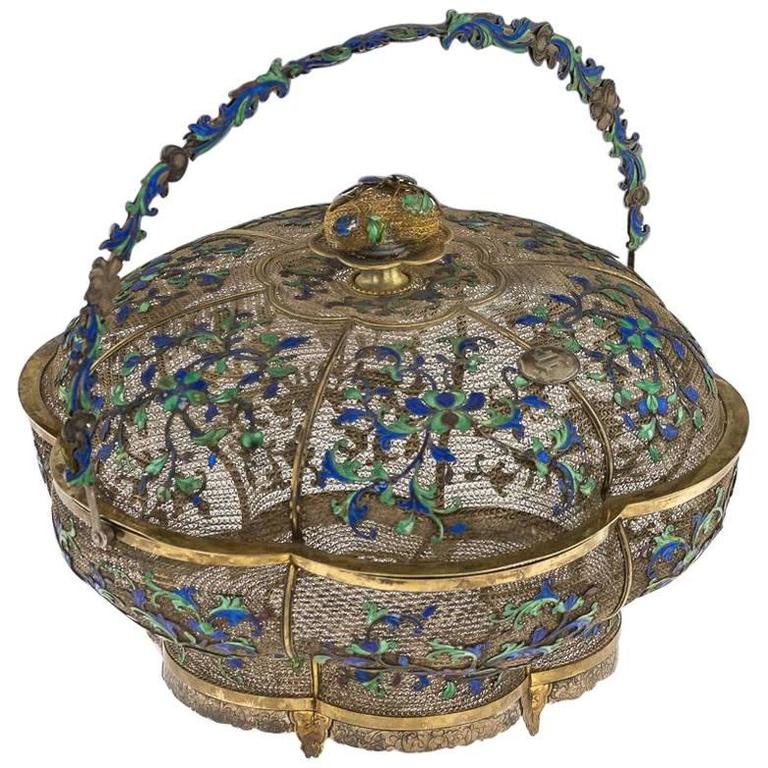 Antique Rare Chinese Solid Silver and Enamel Lidded Basket, Cutshing