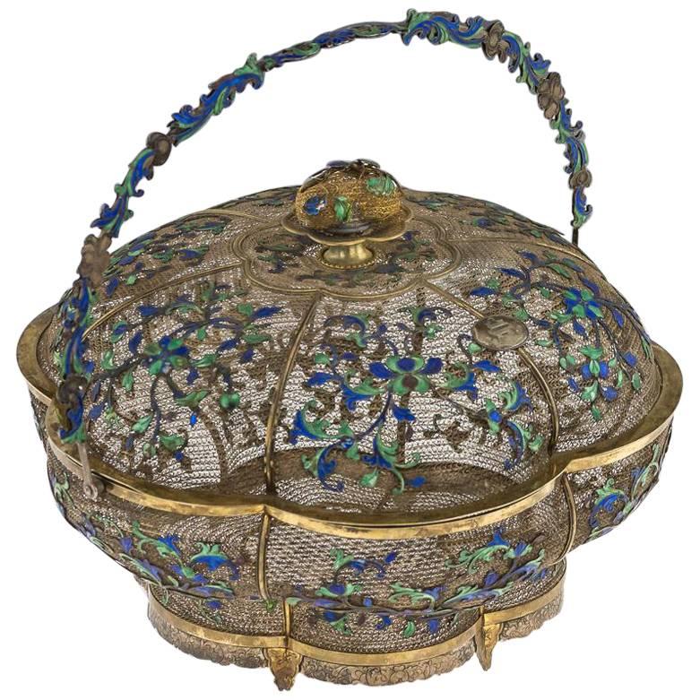 Antique Rare Chinese Solid Silver & Enamel Lidded Basket, Cutshing, circa 1790