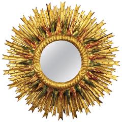 Unusual Baroque Style Spanish Giltwood Sunburst Mirror with Red & Green Accents
