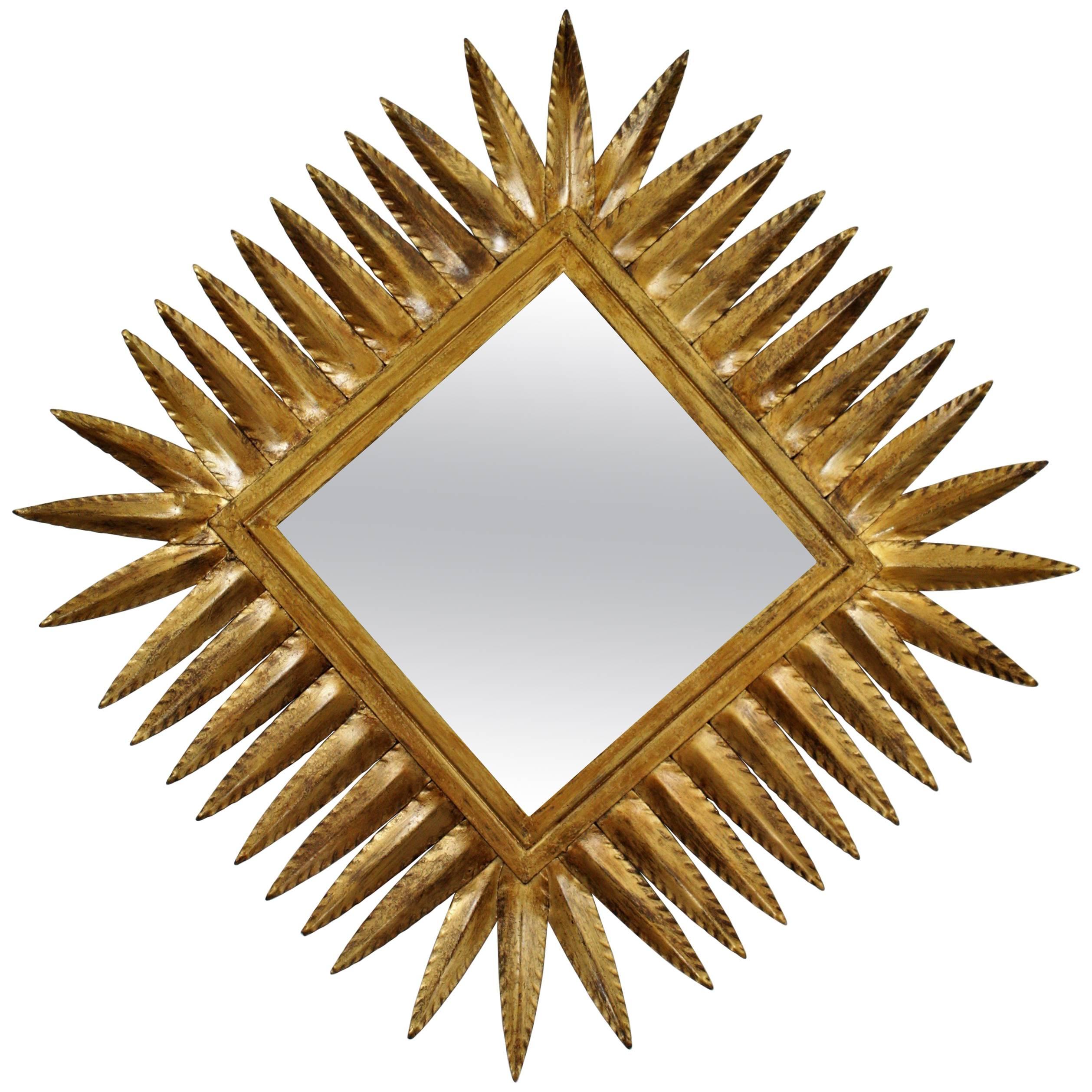 Spanish 1960s Hollywood Regency Style Gilt Iron Rhombus Sunburst Mirror