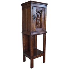 Antique Gothic Revival Oak Dry Bar / Hallway Cabinet with Carved Knight & Cast Iron Lock