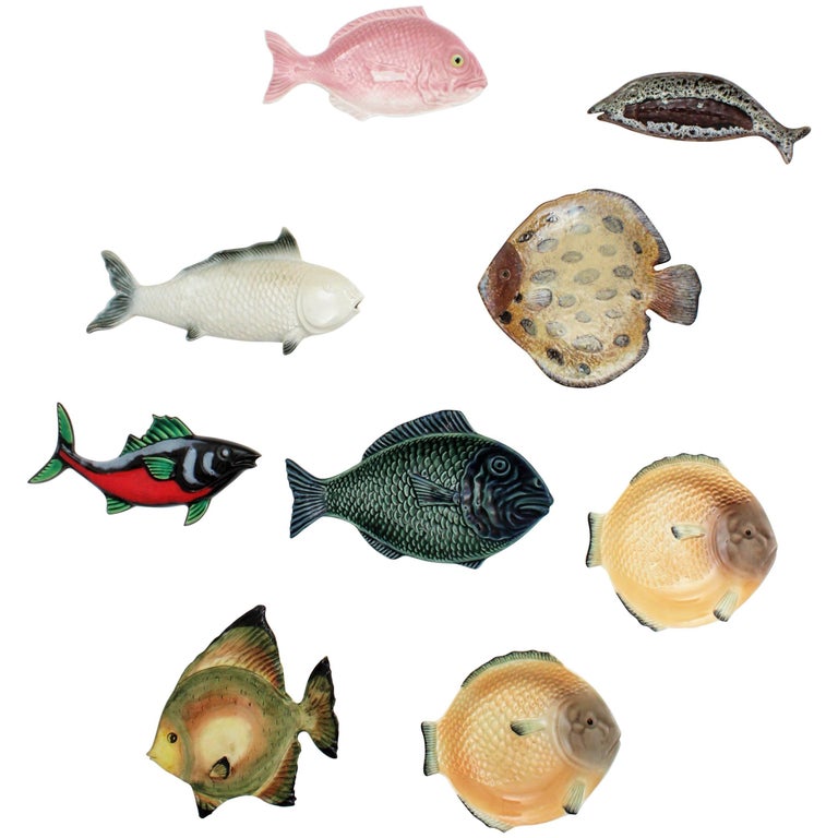 Set of Nine MidCentury Modern Ceramic and Porcelain Fishes Wall