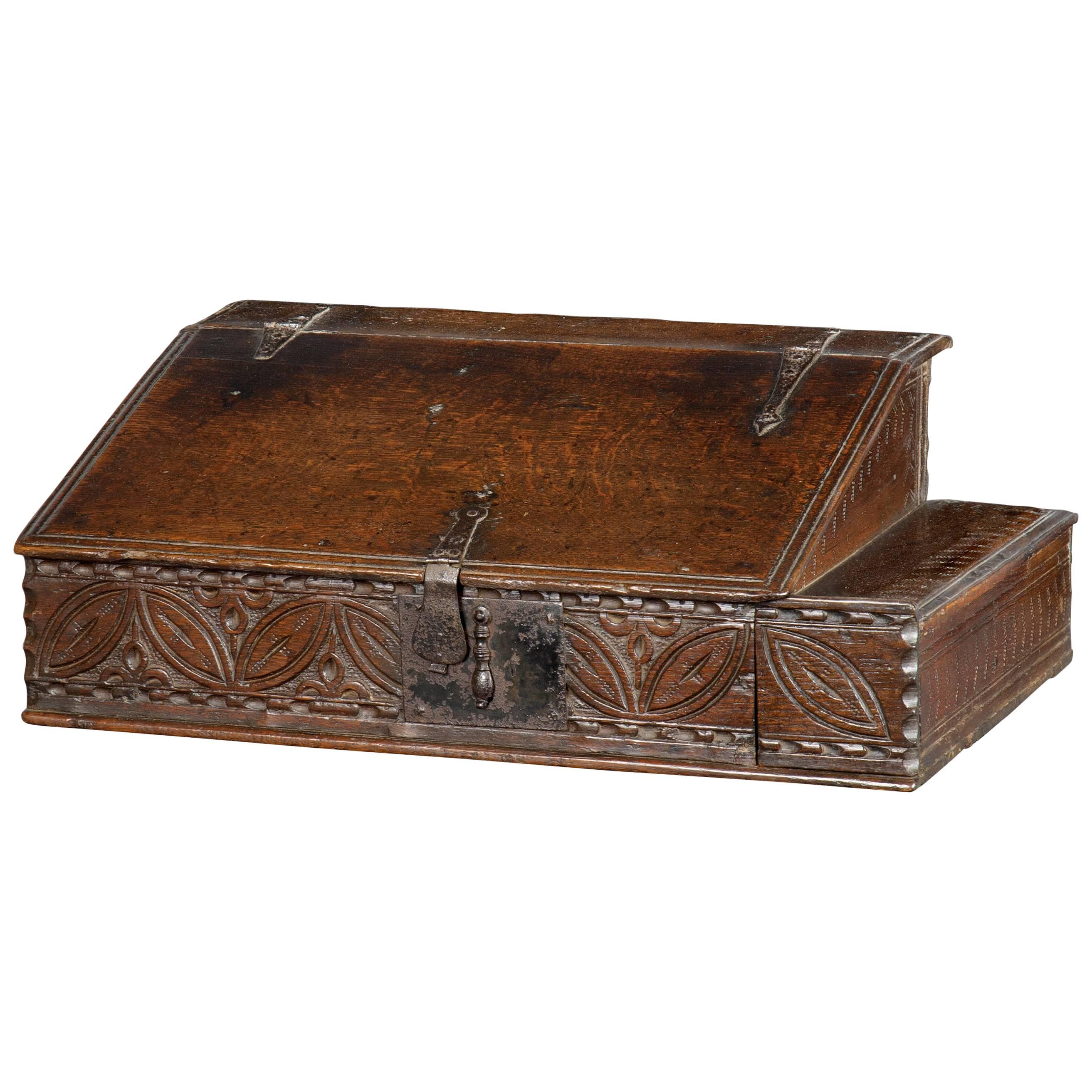 17th Century Oak Box with Original Quill Drawer For Sale