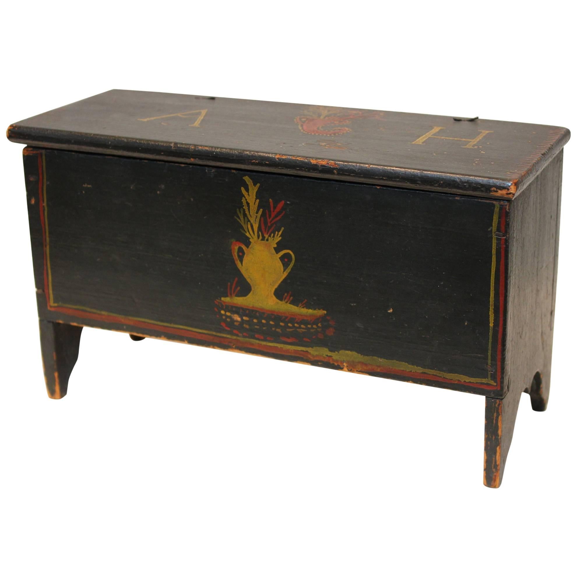 Dark Blue and Polychrome-Decorated Pine Miniature Blanket Chest For Sale
