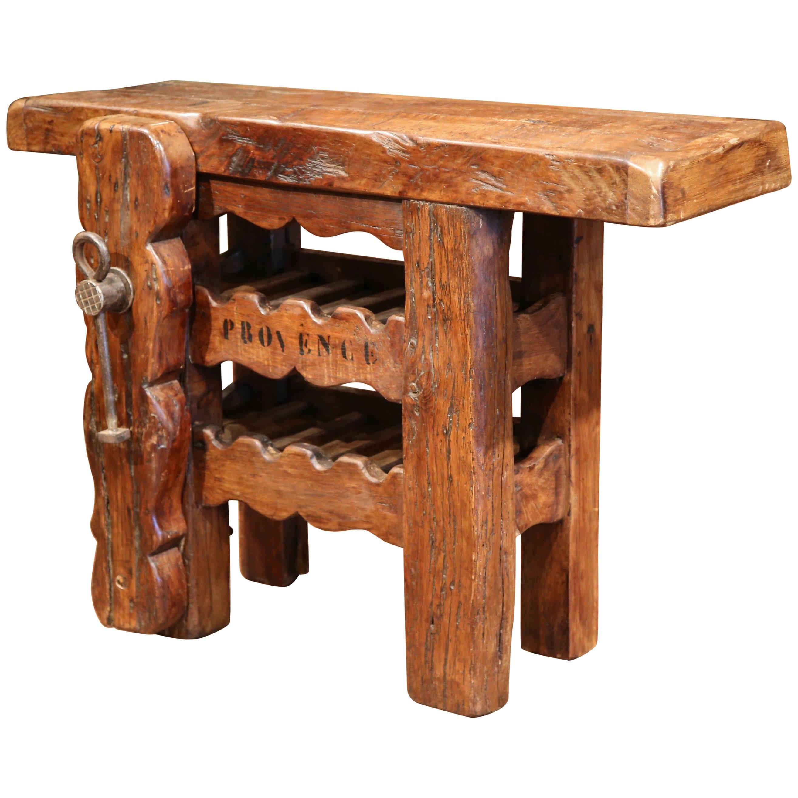 19th Century Rustic French Carpenter Press Table with Wine Bottles Storage Rack