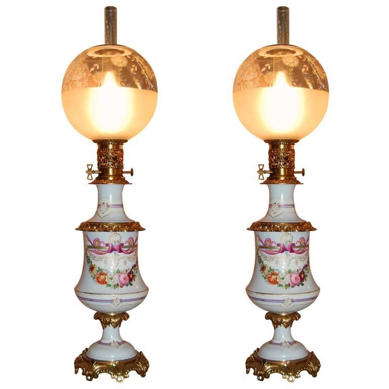 Pair of All Original Porcelain HandPainted Floral French Oil Lamps