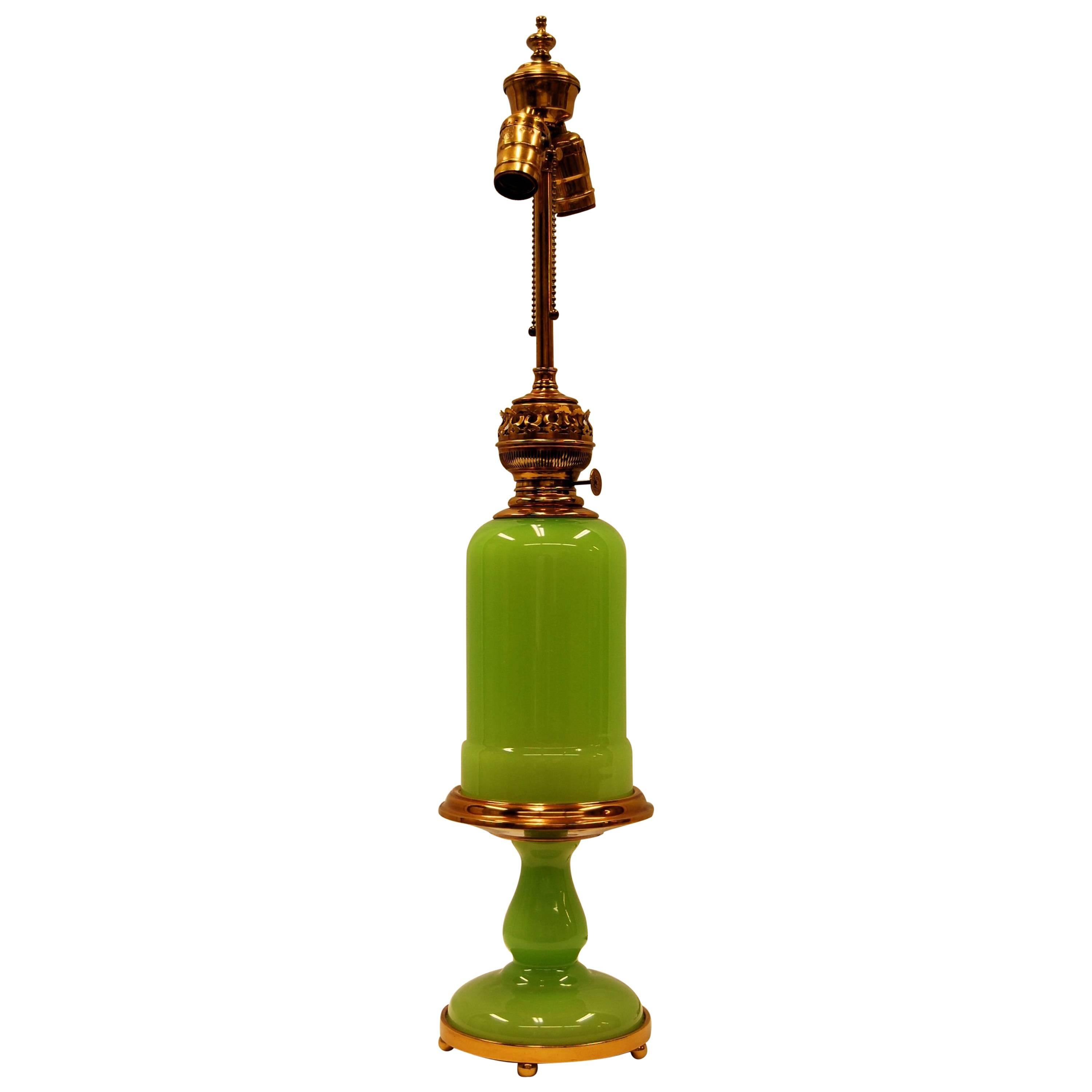 Mid-20th Century Green Opaline Glass Oil Lamp For Sale