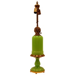 Vintage Mid-20th Century Green Opaline Glass Oil Lamp