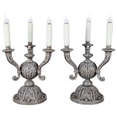 Pair of Used French Painted Three-Arm Lamps, circa 1890