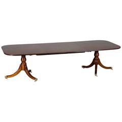 Burl Walnut Sheraton Style Double Pedestal Dining Table, Two Leaves