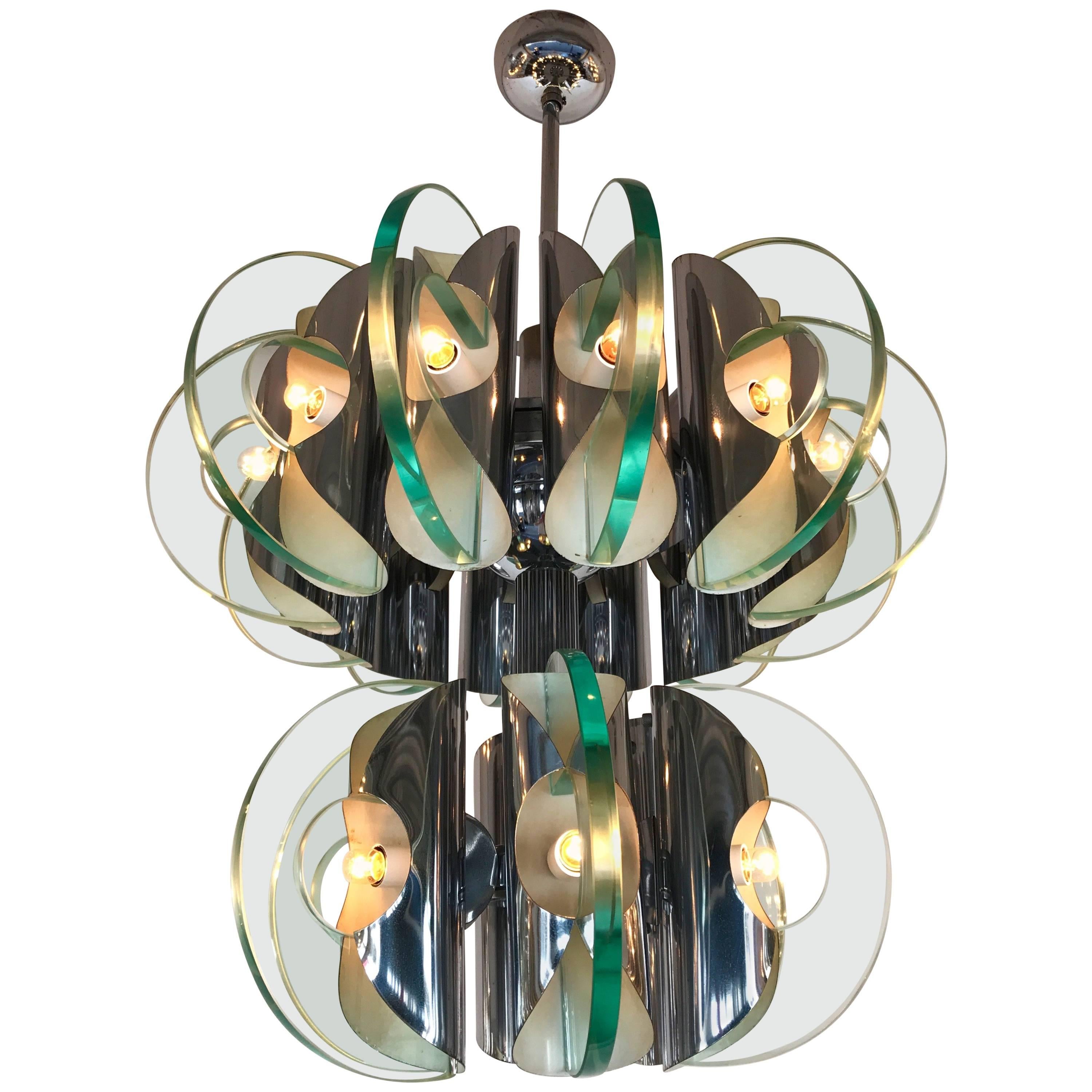 Chandelier Metal and Glass, Italy, 1970s