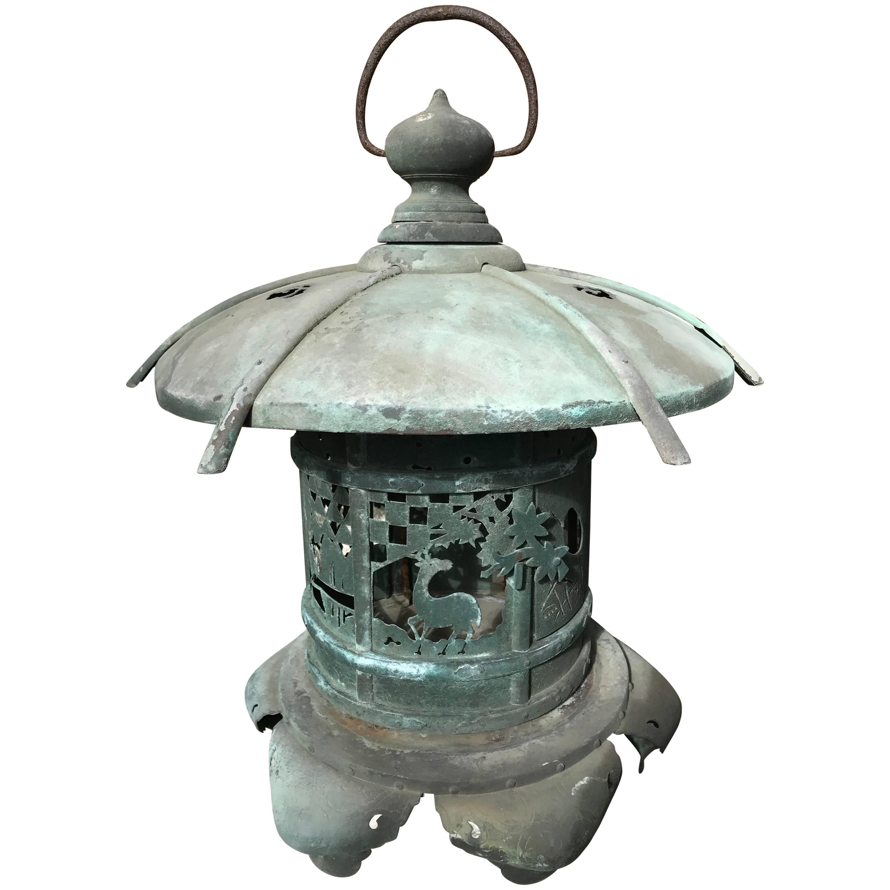 Japanese Antique Lantern Handmade with Rare Deer and Crane Motif