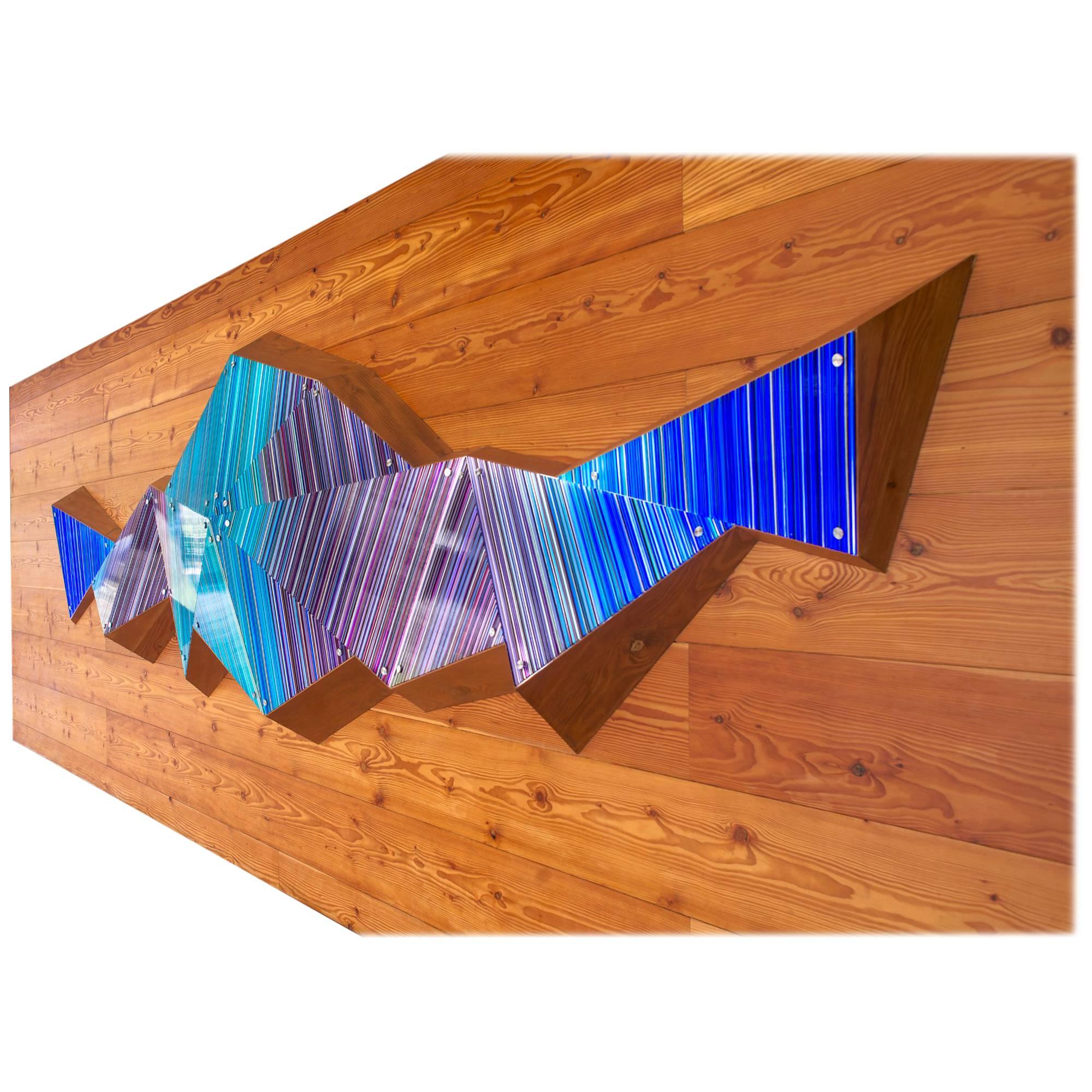 Purple Blue Scheme 3D Faceted Glass Barcode Sculpture Wall Light Installation For Sale